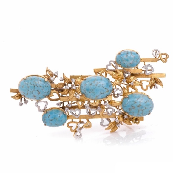 Vintage Diamond Turquoise 14K Gold Pendant Pin - Picture 2 of 5